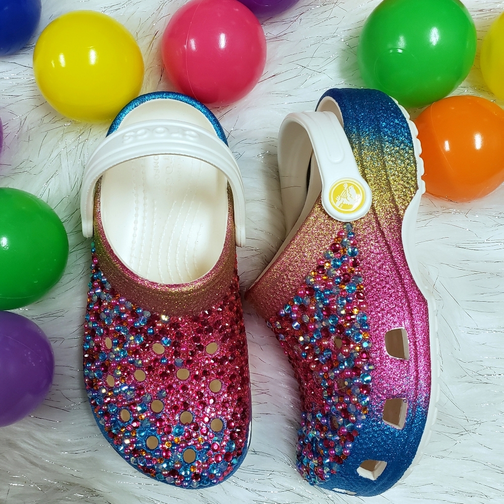 Kids Custom Rainbow Sparkly Bling Crocs C13